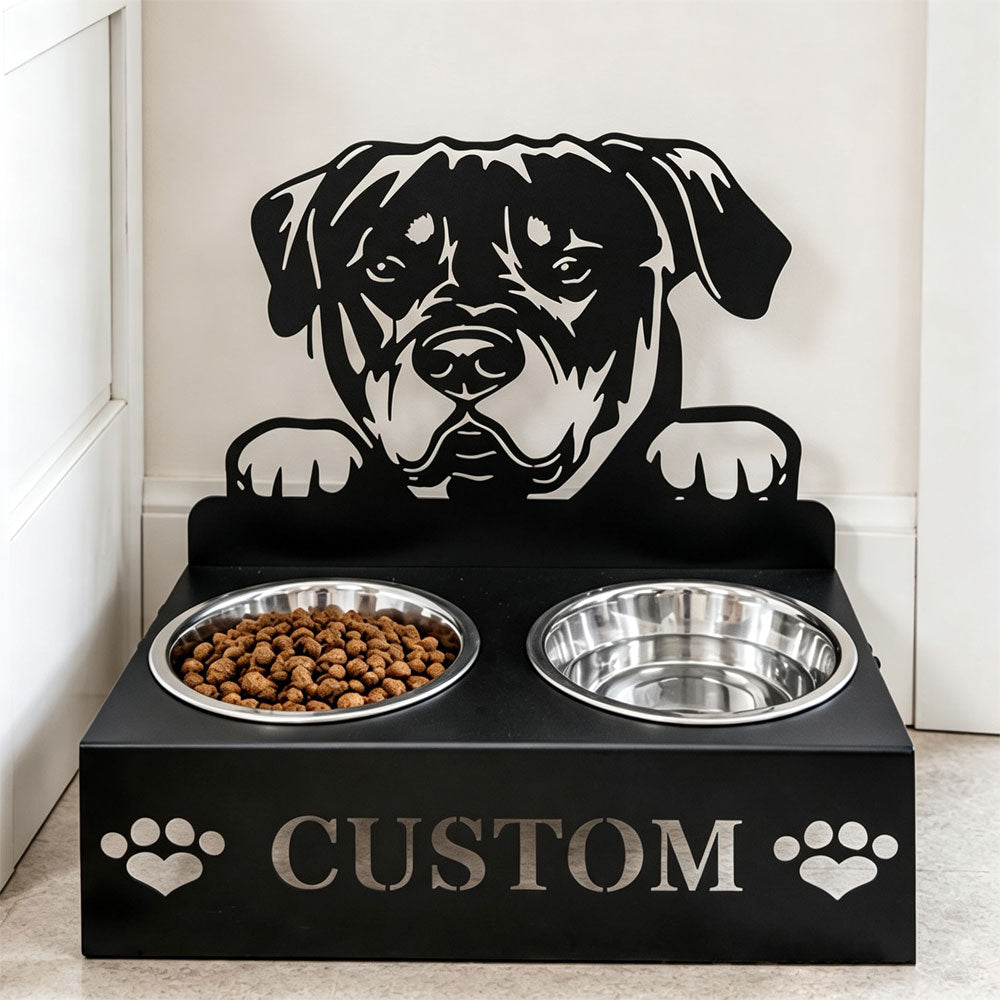 Personalized rottweiler metal dog bowl stand with custom name cutout and two removable feeding bowls
