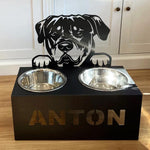 Personalized rottweiler metal dog bowl stand with custom name cutout and two removable feeding bowls