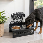 Personalized rottweiler metal dog bowl stand with custom name cutout and two removable feeding bowls