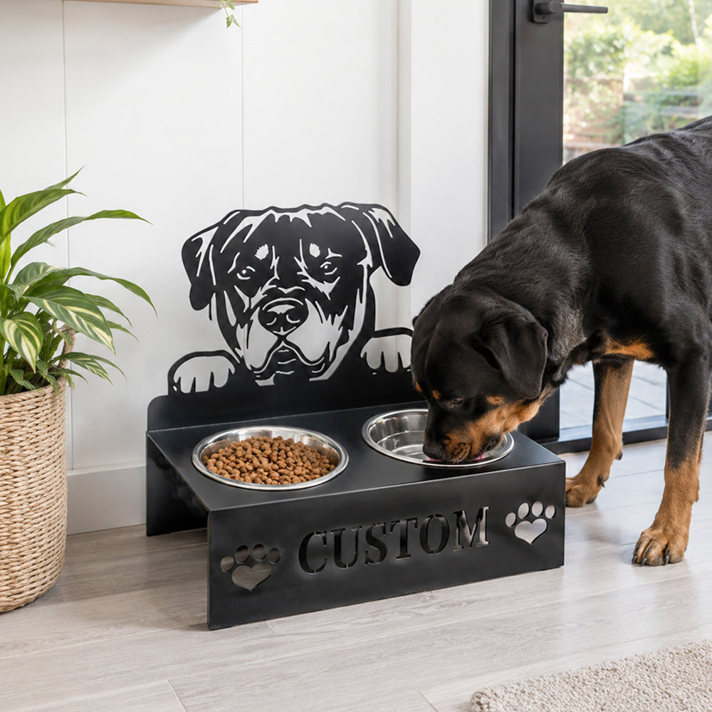 Personalized rottweiler metal dog bowl stand with custom name cutout and two removable feeding bowls