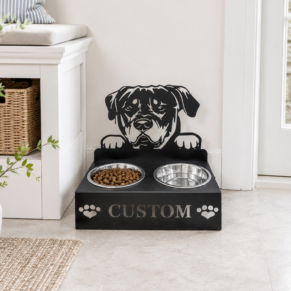 Personalized rottweiler metal dog bowl stand with custom name cutout and two removable feeding bowls