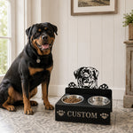 Personalized rottweiler metal dog bowl stand with custom name cutout and two removable feeding bowls