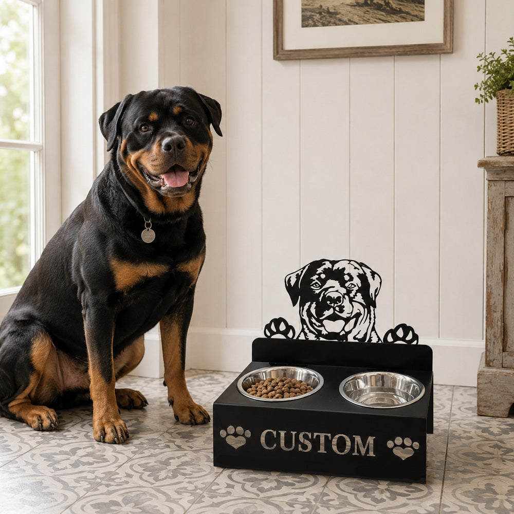 Personalized rottweiler metal dog bowl stand with custom name cutout and two removable feeding bowls