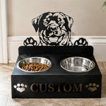 Personalized rottweiler metal dog bowl stand with custom name cutout and two removable feeding bowls