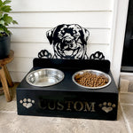 Personalized rottweiler metal dog bowl stand with custom name cutout and two removable feeding bowls
