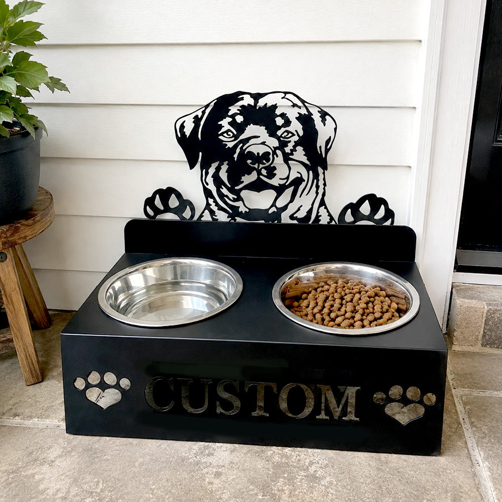 Personalized rottweiler metal dog bowl stand with custom name cutout and two removable feeding bowls