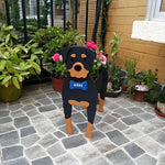 Rottweiler dog planter filled with fresh flowers is placed in the garden