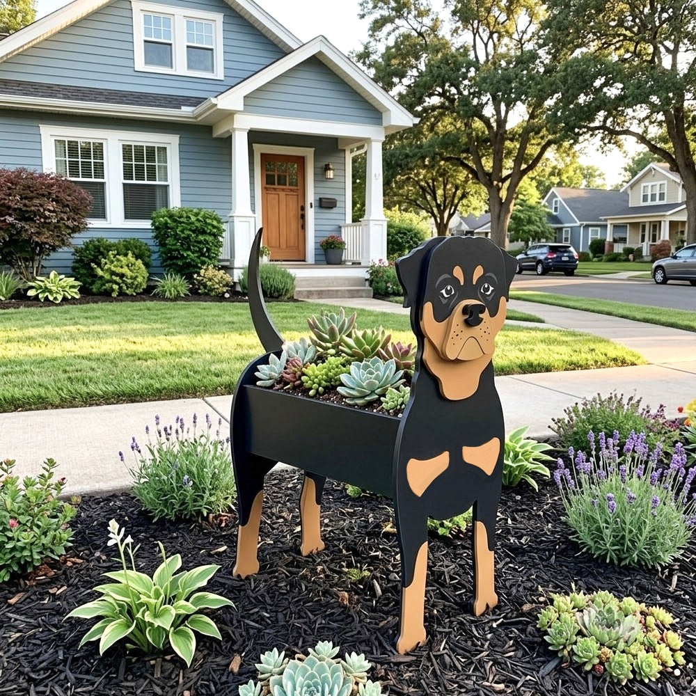 Rottweiler dog planter filled with fresh flowers is placed in the garden