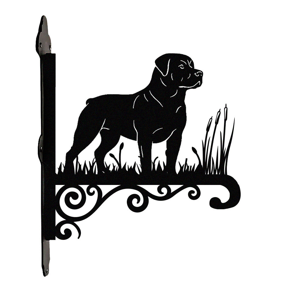 Rottweiler metal hanging basket bracket mounted on outdoor wall for plant decoration