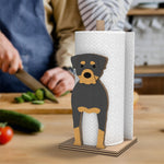 Rottweiler Wooden Dog Paper Towel Holder displayed on a kitchen countertop with a freestanding paper towel roll