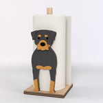 Rottweiler Wooden Dog Paper Towel Holder displayed on a kitchen countertop with a freestanding paper towel roll