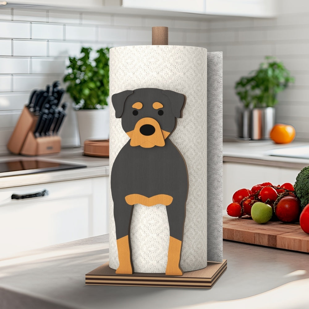 Rottweiler Wooden Dog Paper Towel Holder displayed on a kitchen countertop with a freestanding paper towel roll