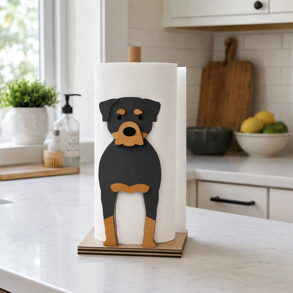 Rottweiler Wooden Dog Paper Towel Holder displayed on a kitchen countertop with a freestanding paper towel roll