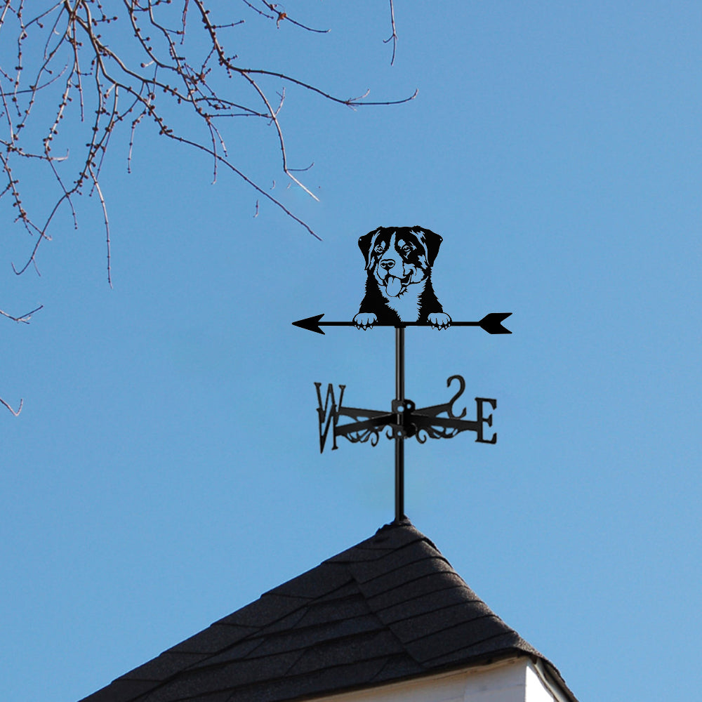 Rottweiler metal weather vane with directional arrows and mounting rod, outdoor roof and garden decoration