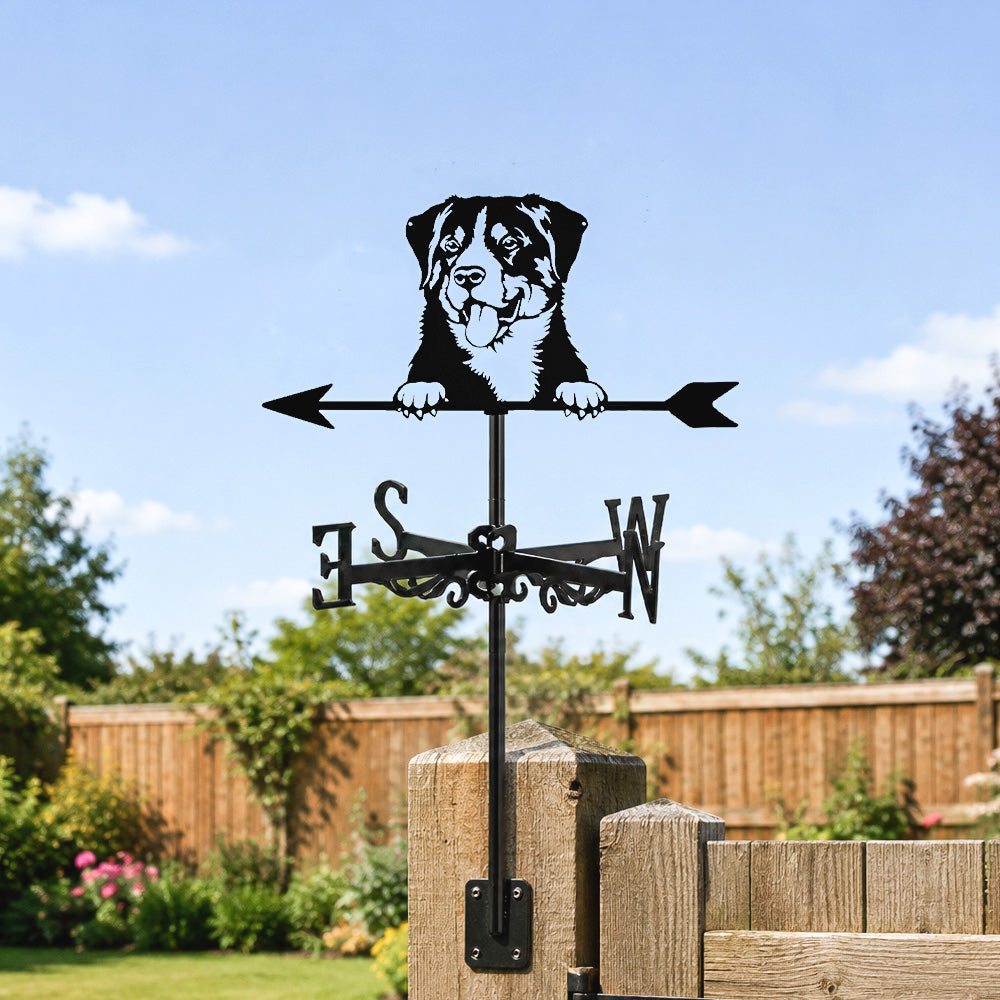 Rottweiler metal weather vane with directional arrows and mounting rod, outdoor roof and garden decoration