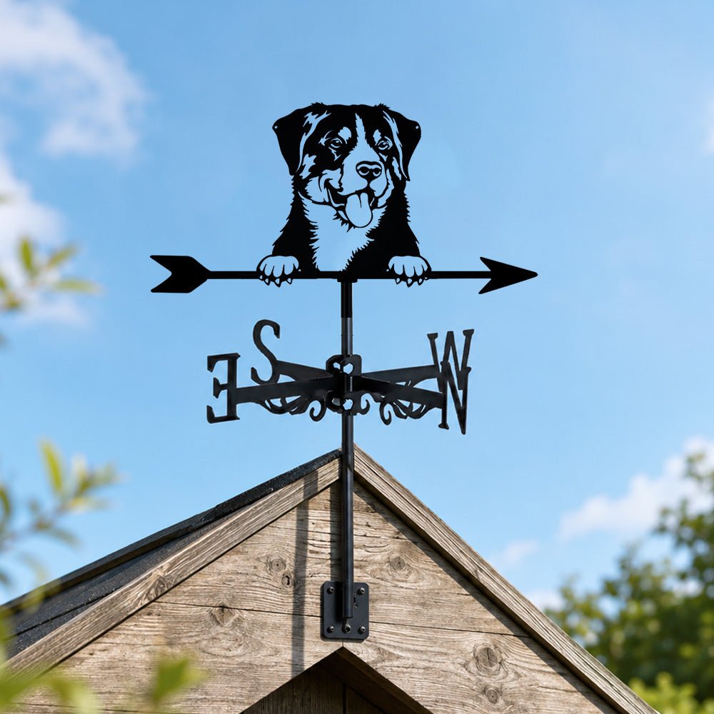 Rottweiler metal weather vane with directional arrows and mounting rod, outdoor roof and garden decoration