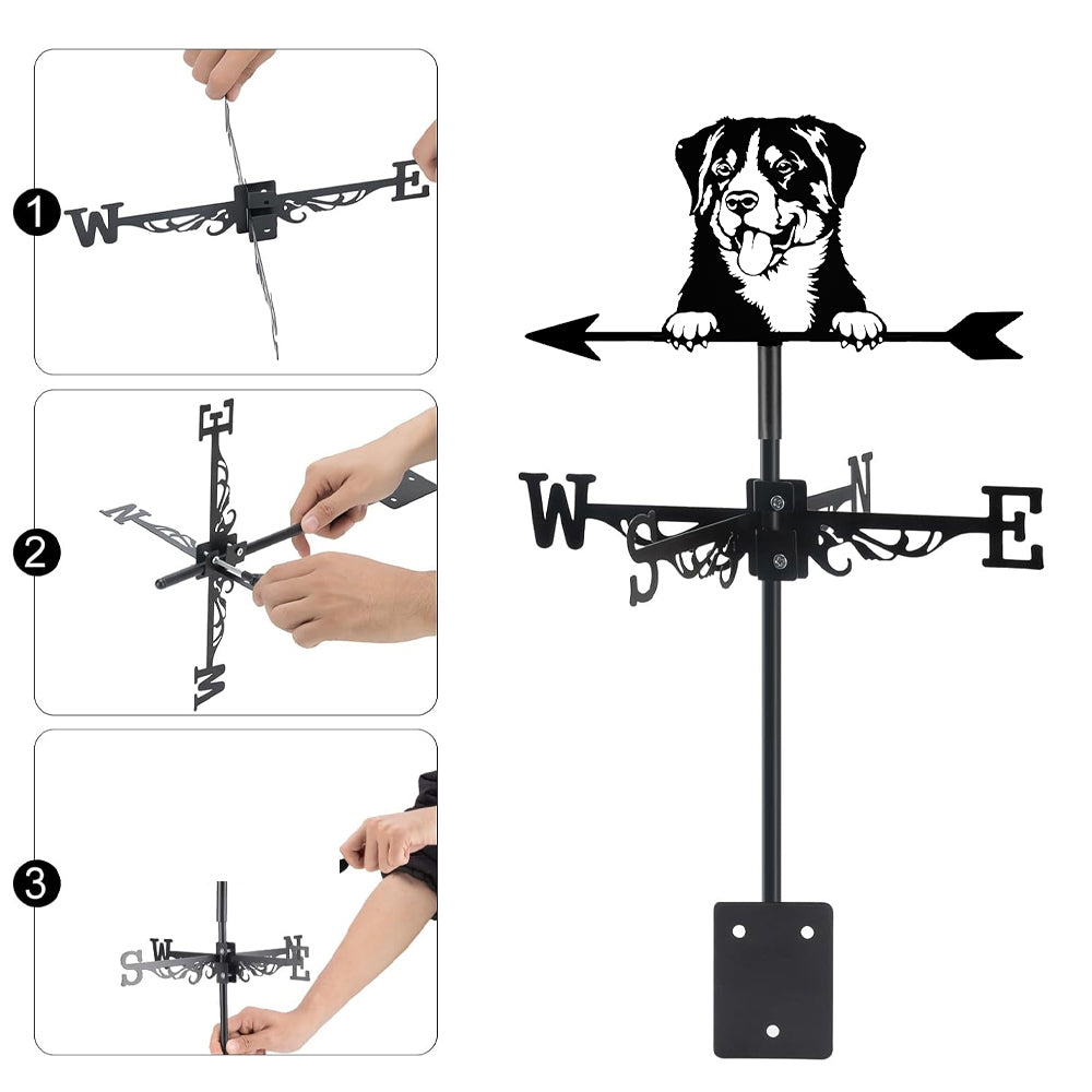 Rottweiler metal weather vane with directional arrows and mounting rod, outdoor roof and garden decoration