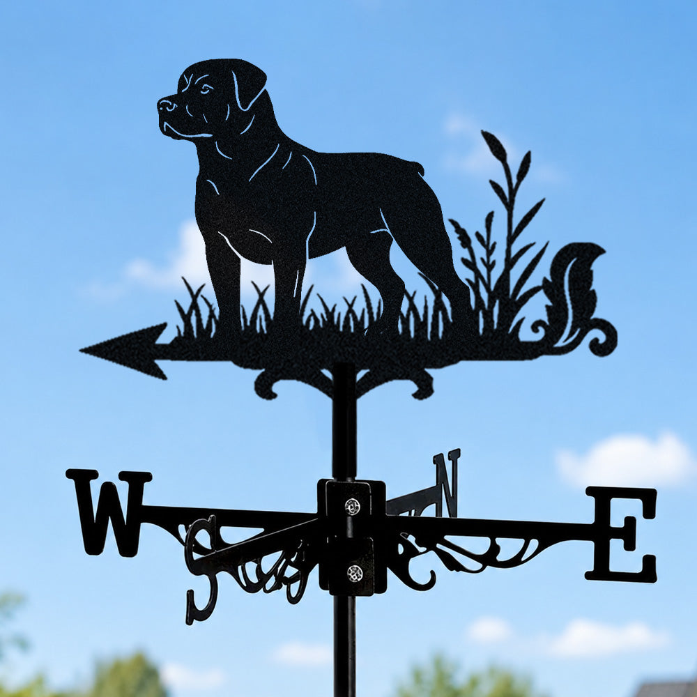 Rottweiler metal weather vane with directional arrows and mounting rod, outdoor roof and garden decoration