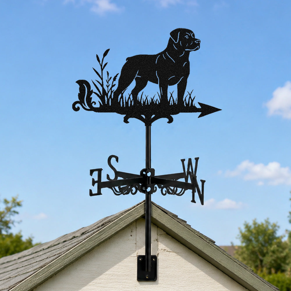 Rottweiler metal weather vane with directional arrows and mounting rod, outdoor roof and garden decoration