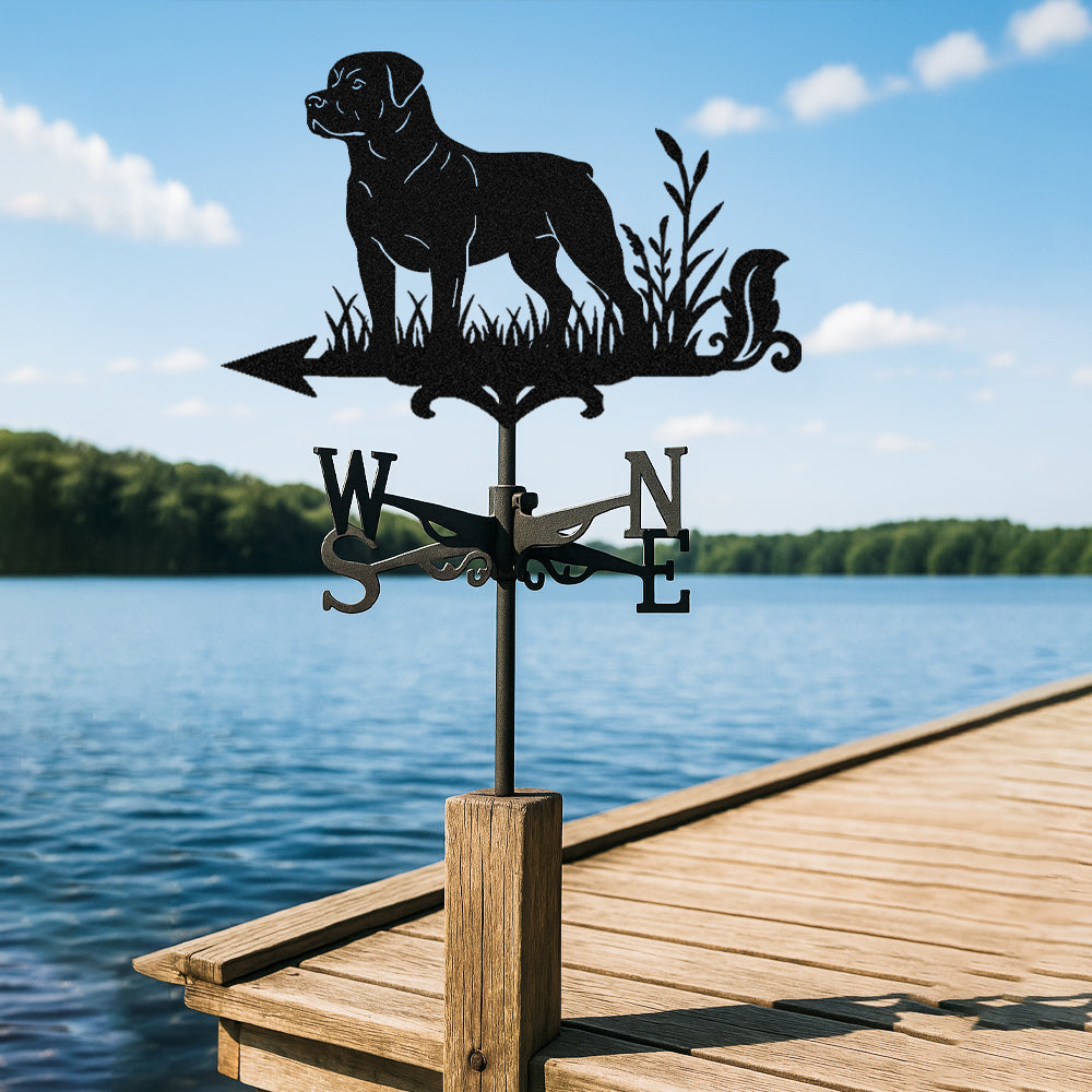 Rottweiler metal weather vane with directional arrows and mounting rod, outdoor roof and garden decoration