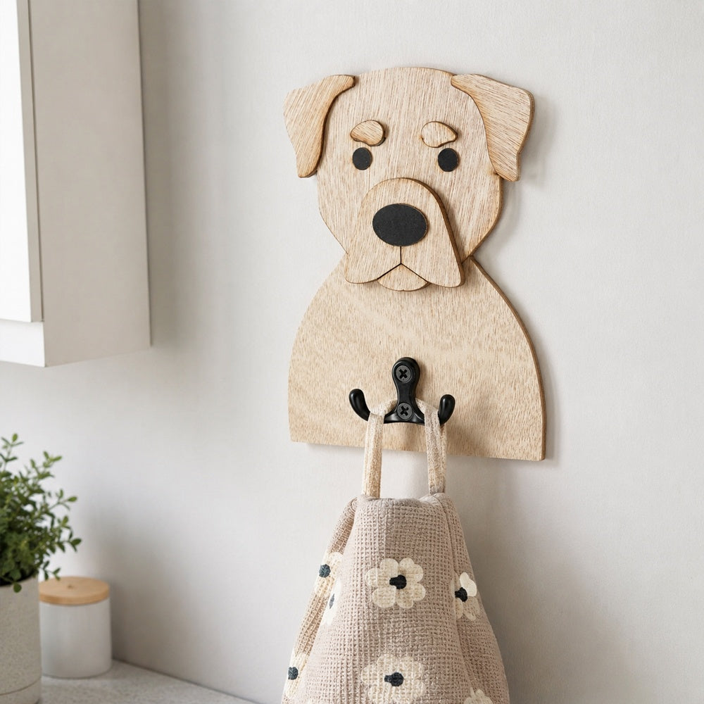 Wooden rottweiler dog wall hook key and leash holder for home entryway organizer