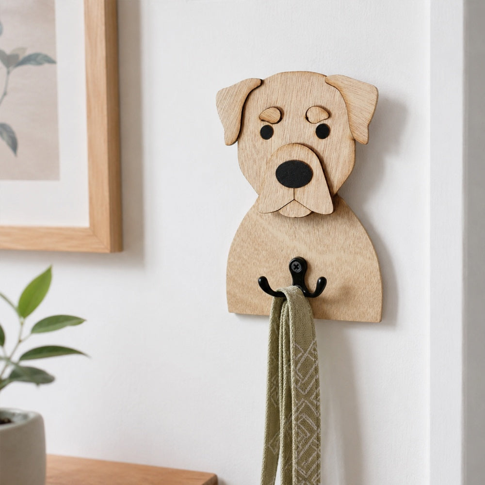 Wooden rottweiler dog wall hook key and leash holder for home entryway organizer