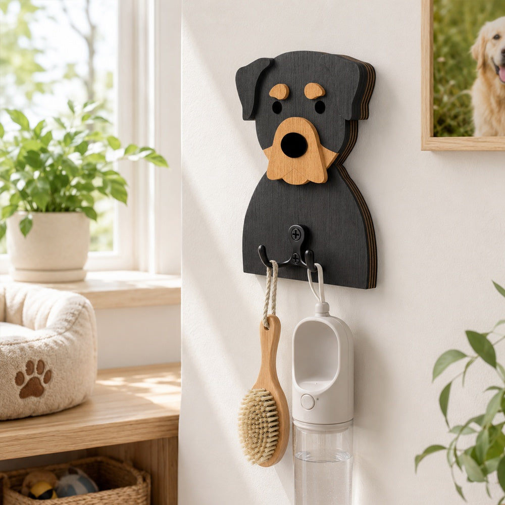 Wooden rottweiler dog wall hook key and leash holder for home entryway organizer