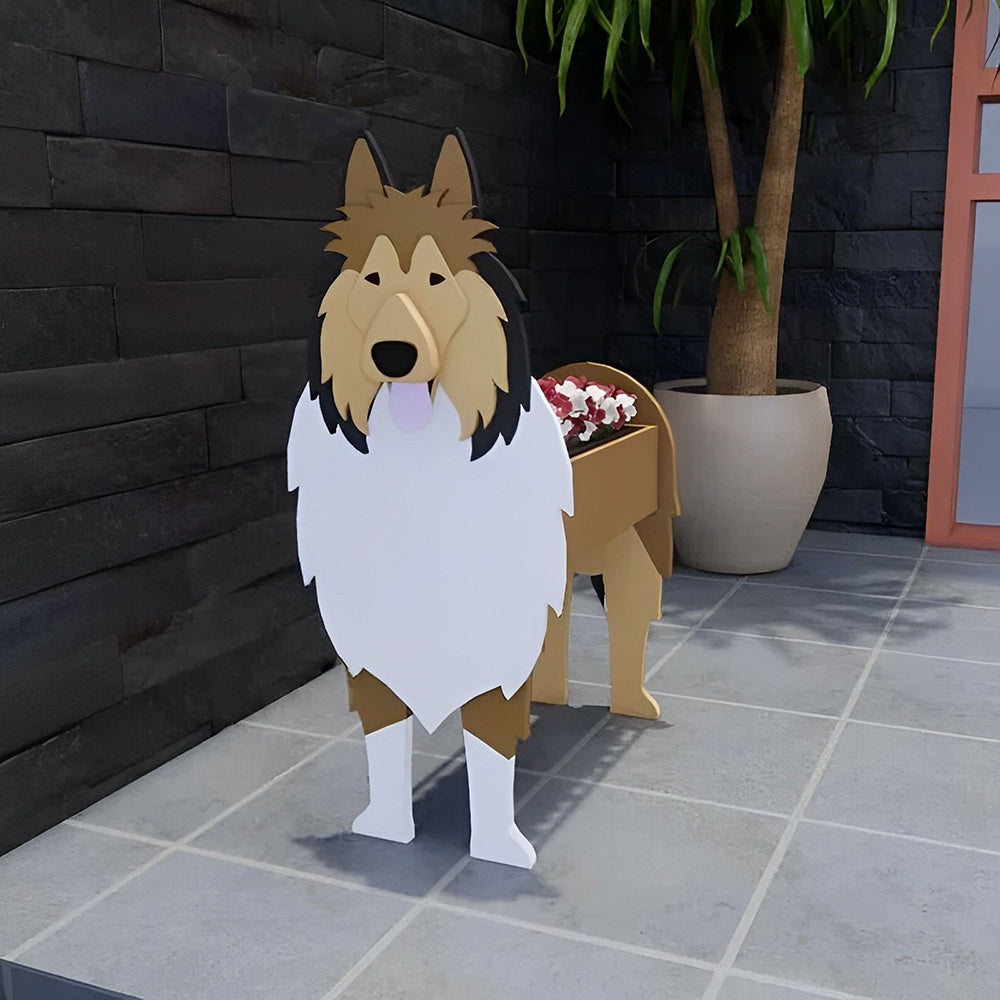 Rough Collie dog planter filled with fresh flowers is placed in the garden