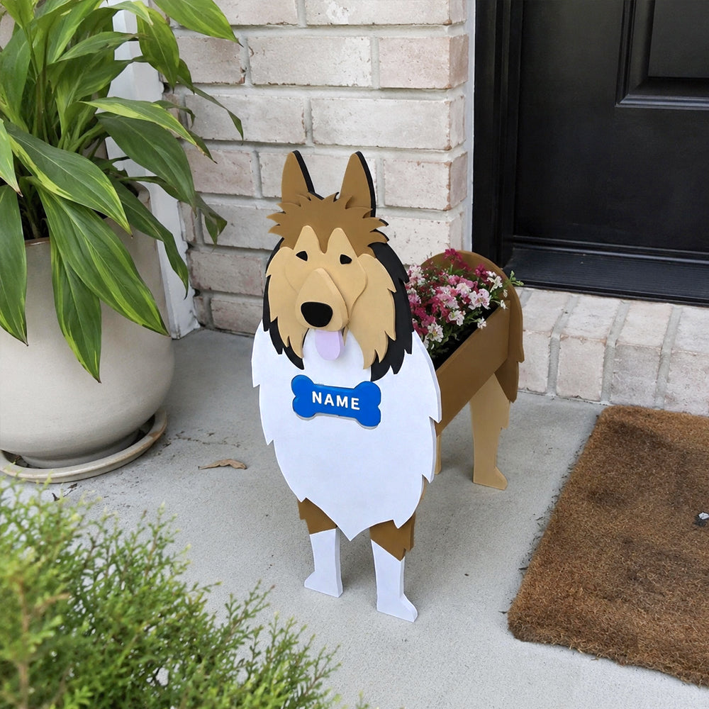 Rough Collie dog planter filled with fresh flowers is placed in the garden