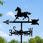 Running horse metal weather vane with directional arrows and mounting rod, outdoor roof and garden decoration