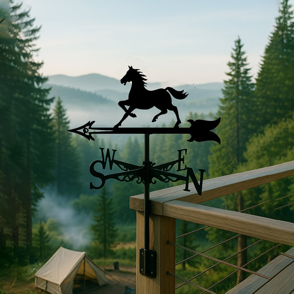 Running horse metal weather vane with directional arrows and mounting rod, outdoor roof and garden decoration