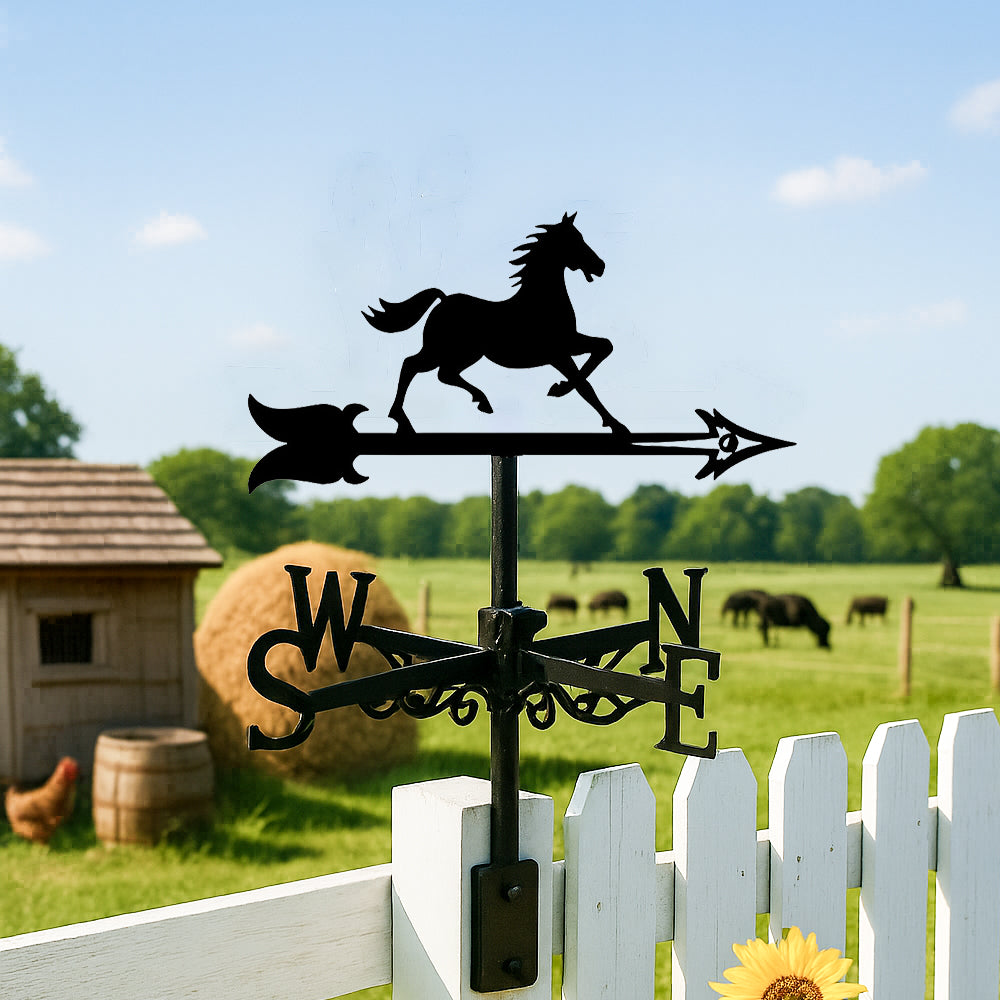Running horse metal weather vane with directional arrows and mounting rod, outdoor roof and garden decoration