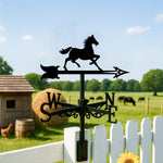 Running horse metal weather vane with directional arrows and mounting rod, outdoor roof and garden decoration
