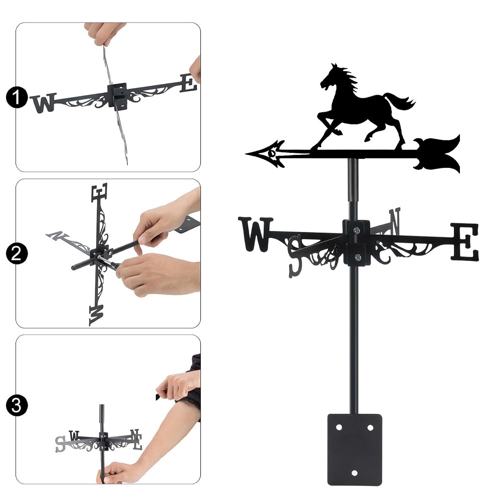 Running horse metal weather vane with directional arrows and mounting rod, outdoor roof and garden decoration