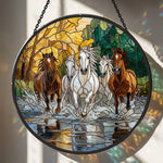 Running horses herd stained glass suncatcher window hanging, suitable for home and garden decoration