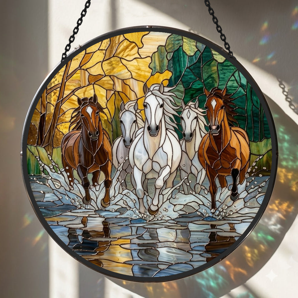 Running horses herd stained glass suncatcher window hanging, suitable for home and garden decoration