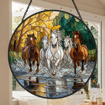 Running horses herd stained glass suncatcher window hanging, suitable for home and garden decoration