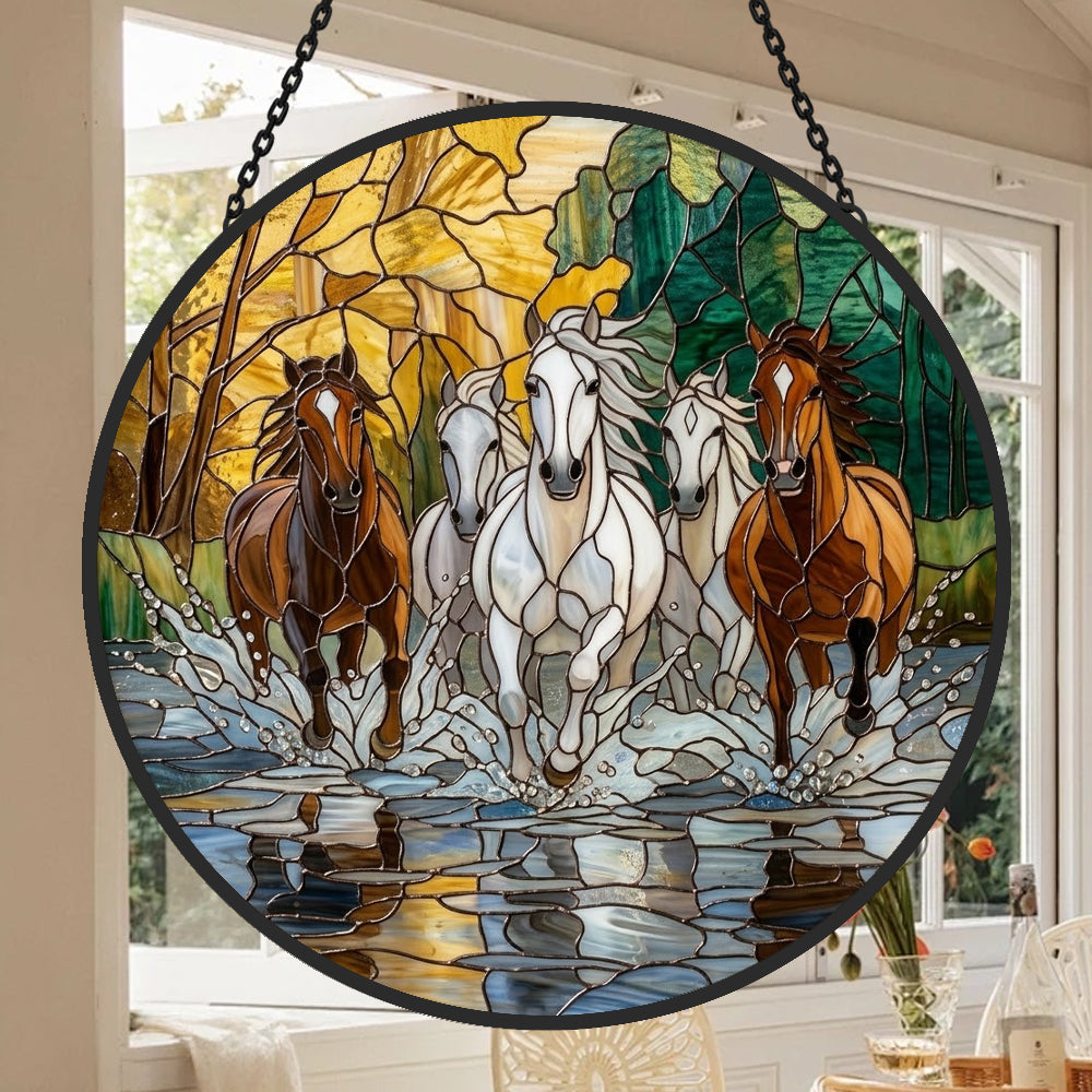 Running horses herd stained glass suncatcher window hanging, suitable for home and garden decoration
