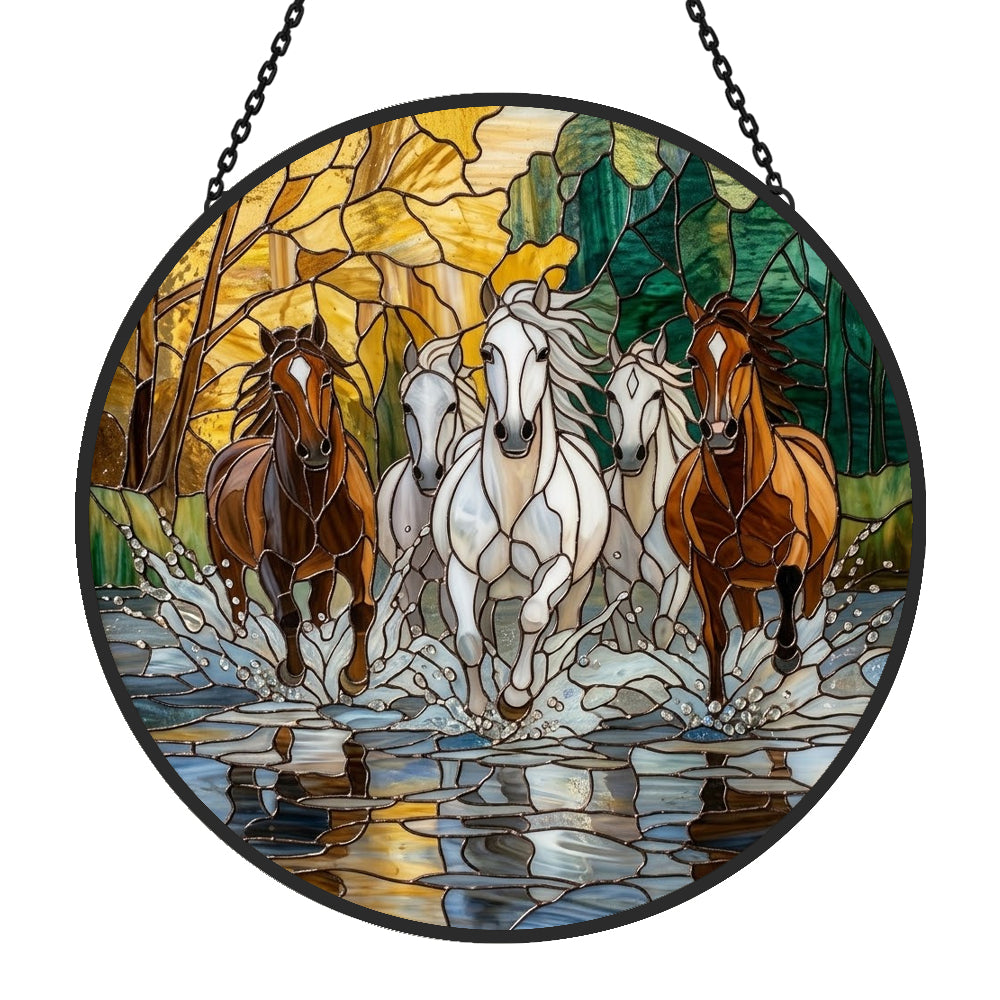 Running horses herd stained glass suncatcher window hanging, suitable for home and garden decoration