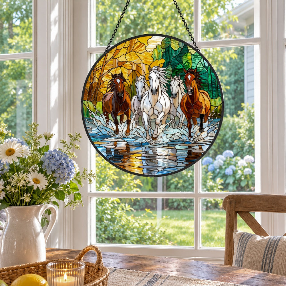 Running horses herd stained glass suncatcher window hanging, suitable for home and garden decoration