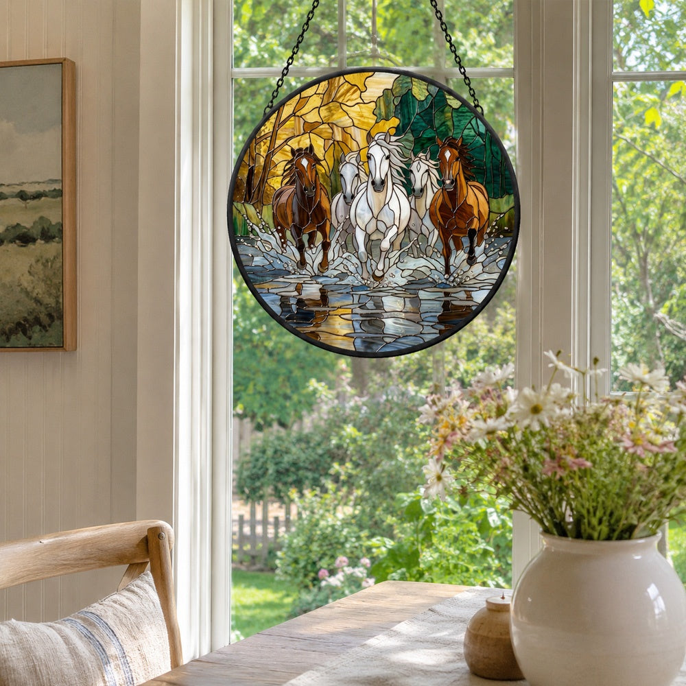 Running horses herd stained glass suncatcher window hanging, suitable for home and garden decoration