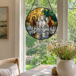 Running horses herd stained glass suncatcher window hanging, suitable for home and garden decoration
