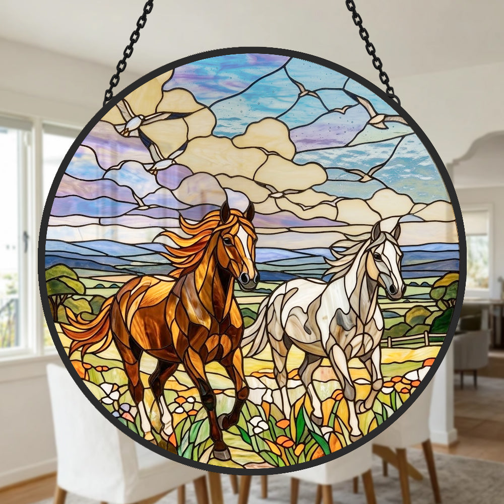 Running wild horse pair stained glass suncatcher window hanging, suitable for home and garden decoration