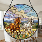 Running wild horse pair stained glass suncatcher window hanging, suitable for home and garden decoration
