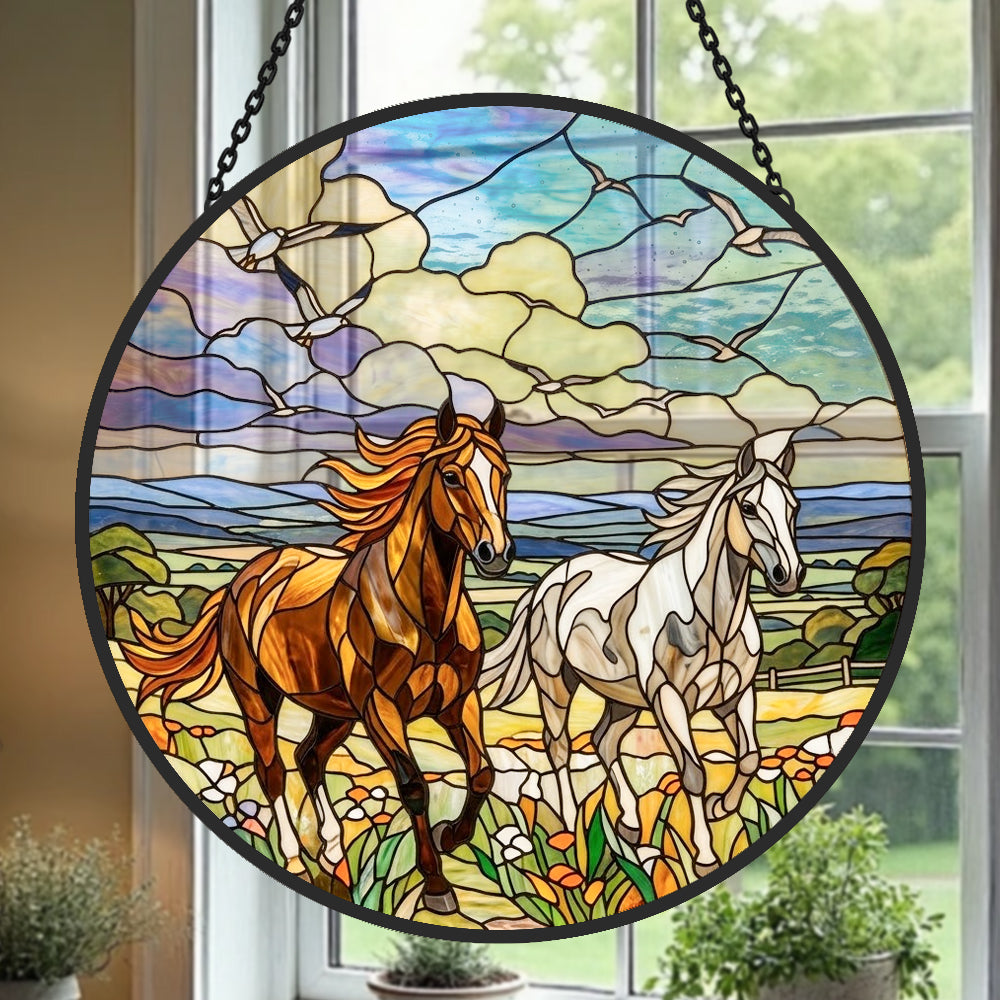 Running wild horse pair stained glass suncatcher window hanging, suitable for home and garden decoration