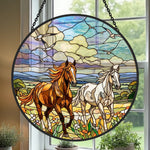 Running wild horse pair stained glass suncatcher window hanging, suitable for home and garden decoration