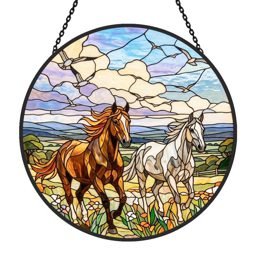 Running wild horse pair stained glass suncatcher window hanging, suitable for home and garden decoration