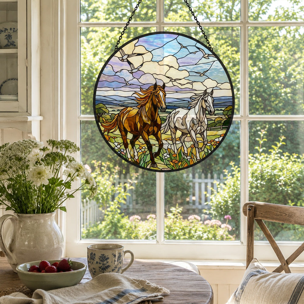 Running wild horse pair stained glass suncatcher window hanging, suitable for home and garden decoration