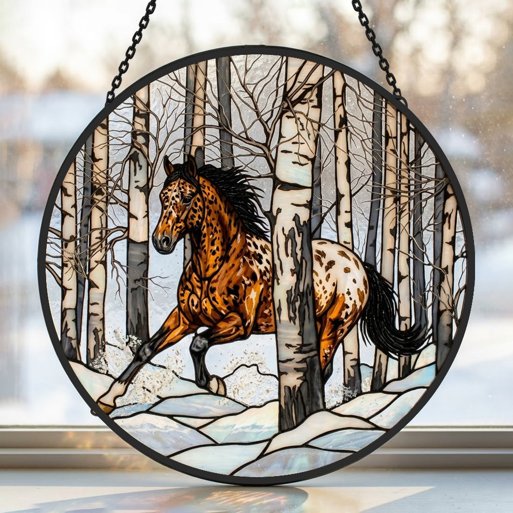 Rustic birch forest appaloosa horse stained glass suncatcher window hanging, suitable for home and garden decoration