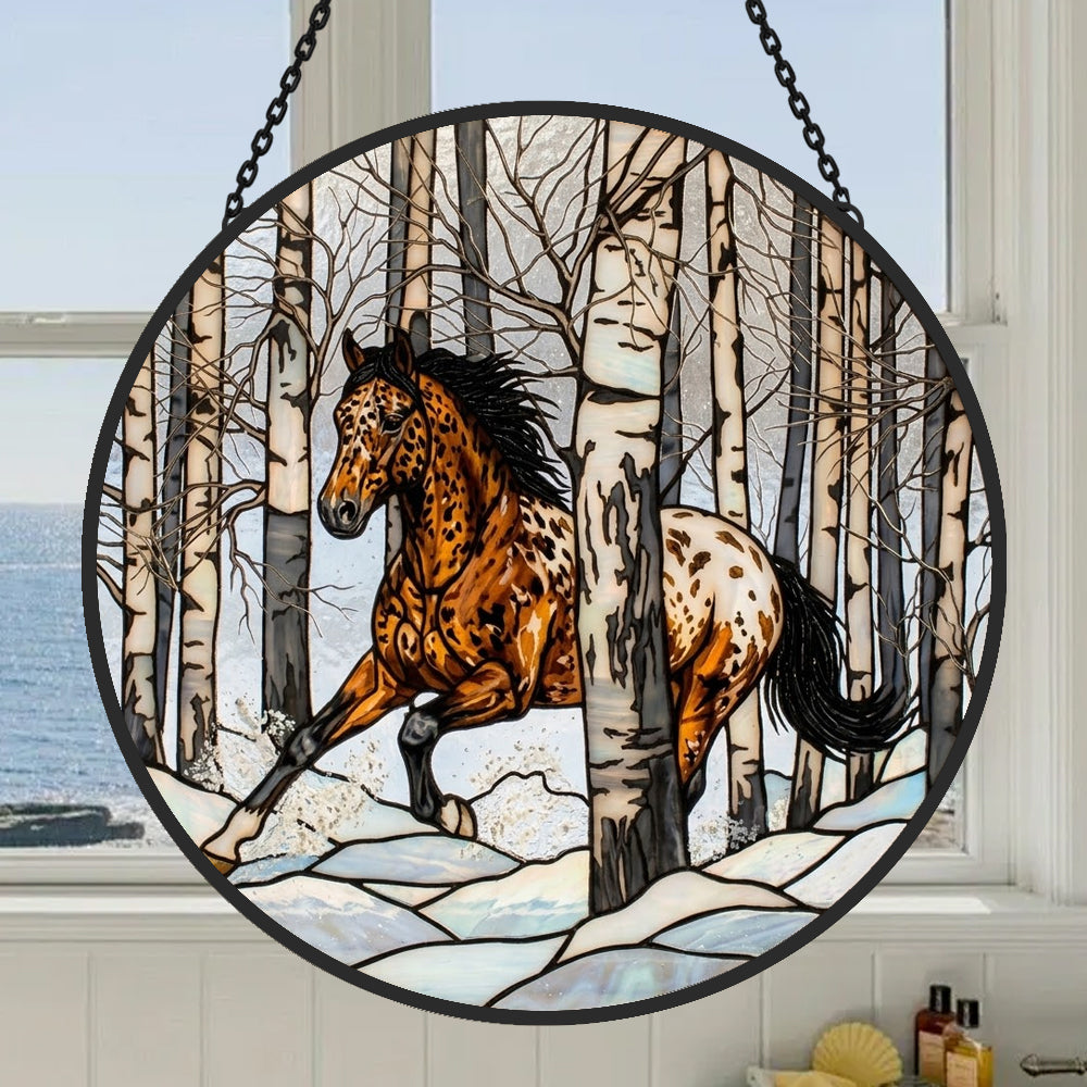 Rustic birch forest appaloosa horse stained glass suncatcher window hanging, suitable for home and garden decoration